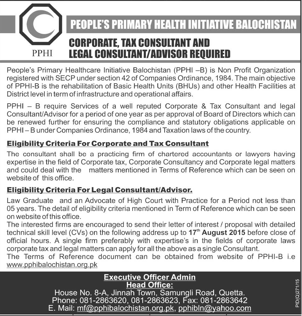 Peoples Primary Health Initiative Balochistan PPHI Jobs 2024 Advertisement Form