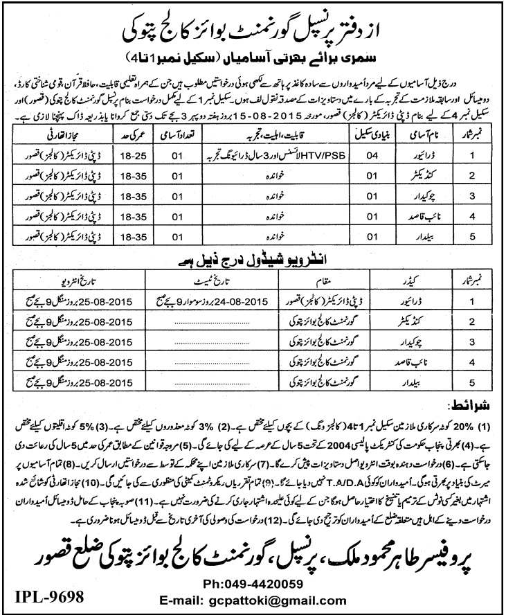 Government Boys College Pattoki Jobs 2024 Advertisement Application Form Last date