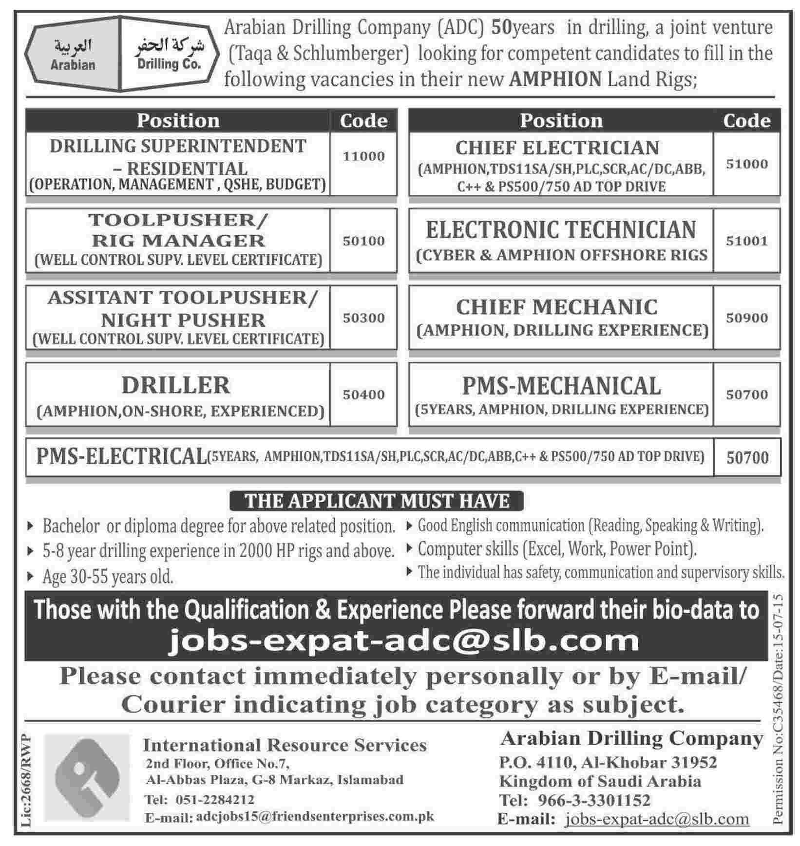 Arabian Drilling Company ADC Jobs 2024 Latest Advertisement, Email Address