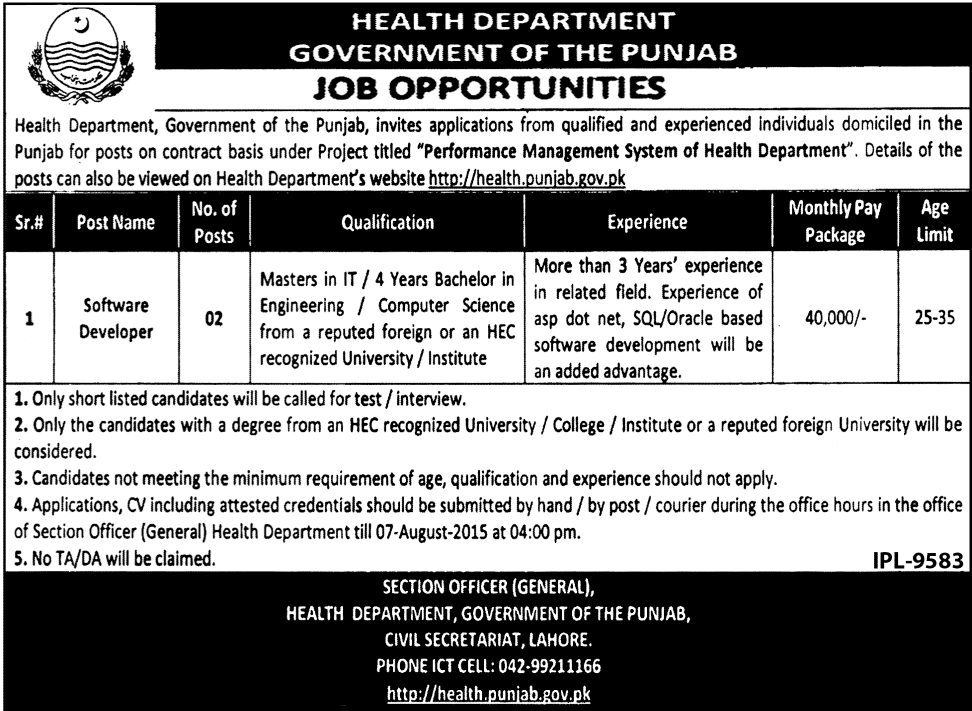 Health Department Government Of Punjab Jobs 2024 Software Developer Advertisement