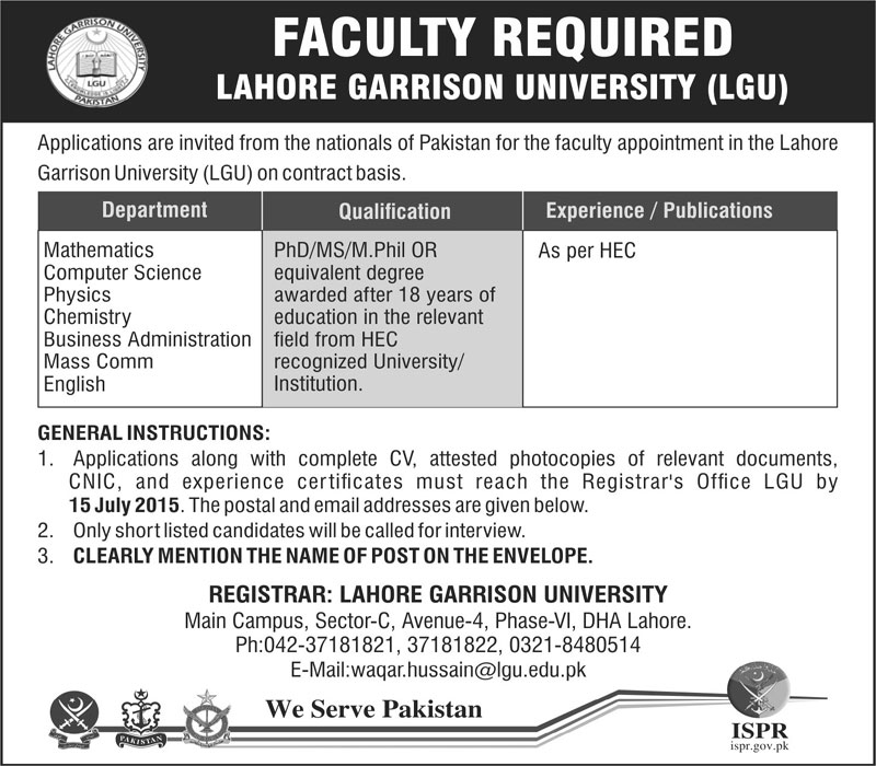 Lahore Garrison University Lecturer Jobs 2024 Advertisement Application