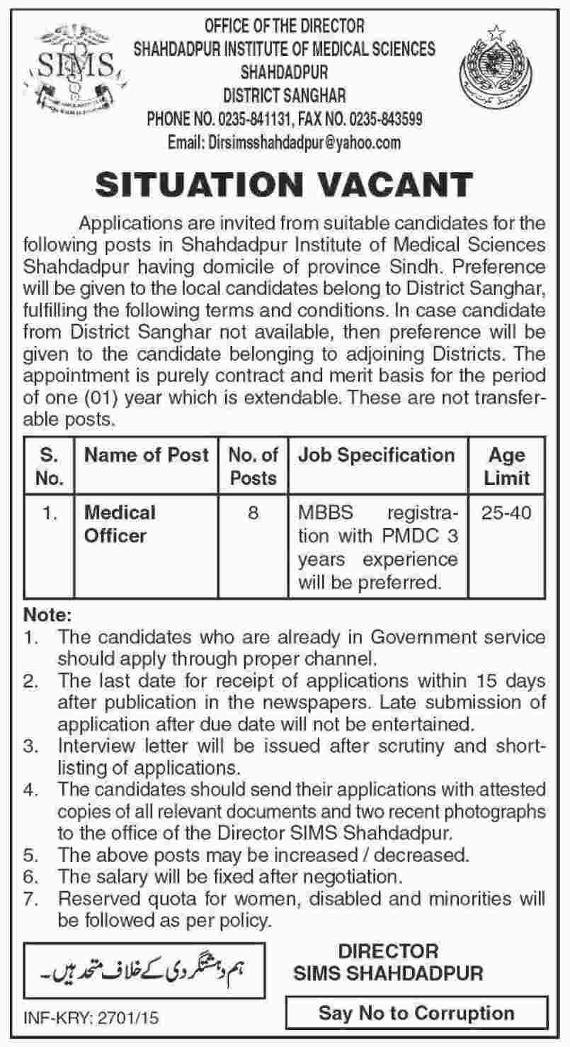 SIMS Sanghar Medical Officer Jobs 2024 Latest Advertisement