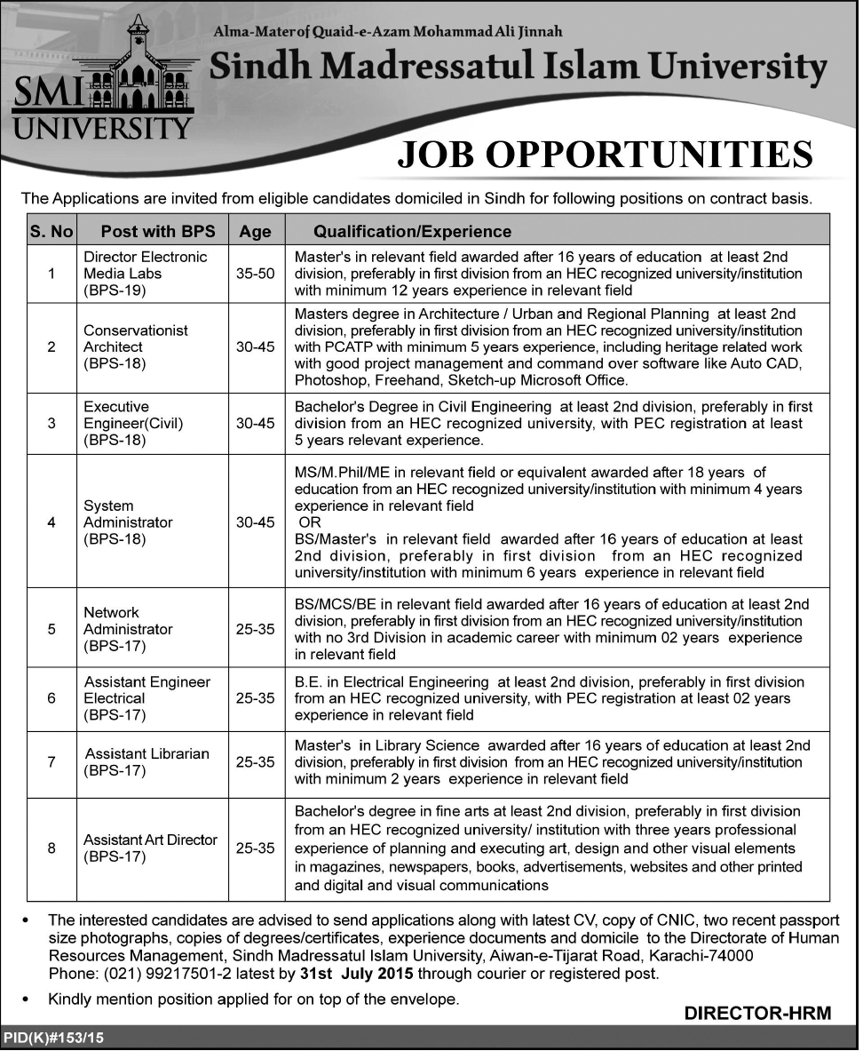 Sindh Madressatul Islam University Karachi Jobs 2024 SMIU Advertisement