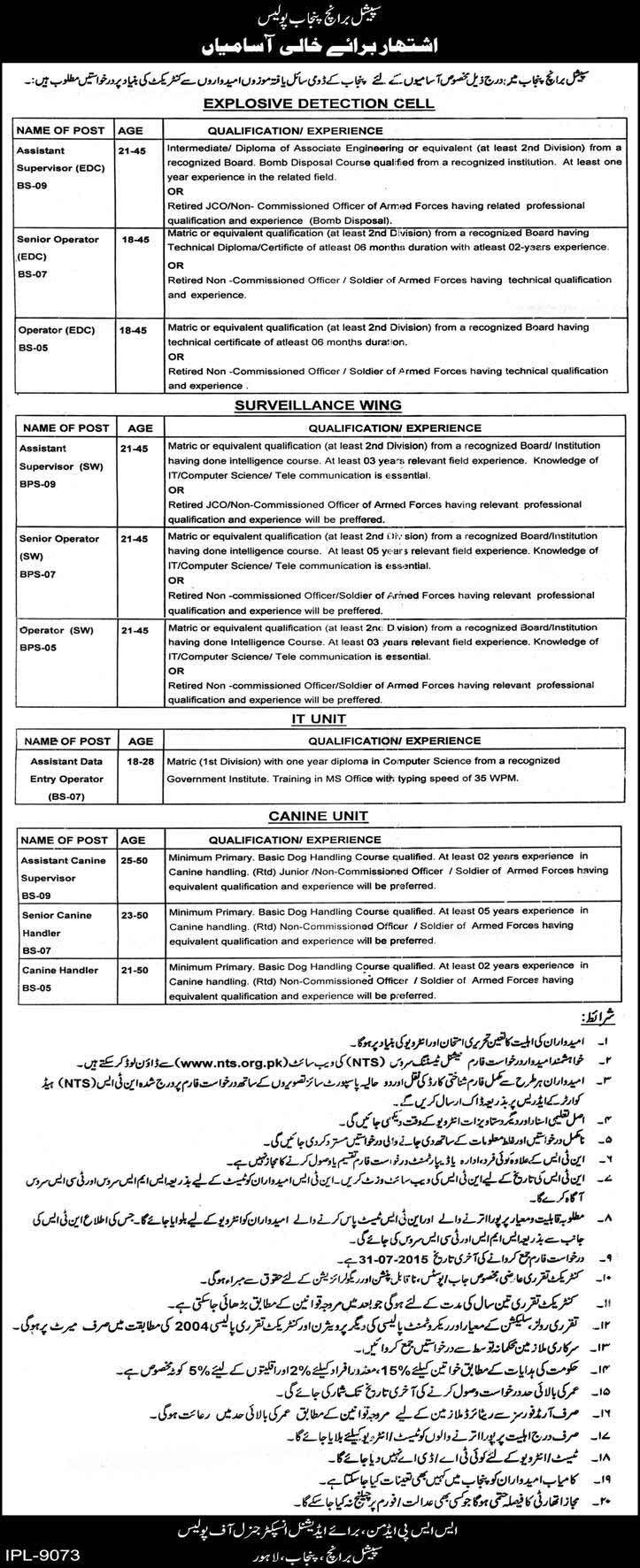 Special Branch Punjab Police Jobs 2024 NTS Application Form Eligibility