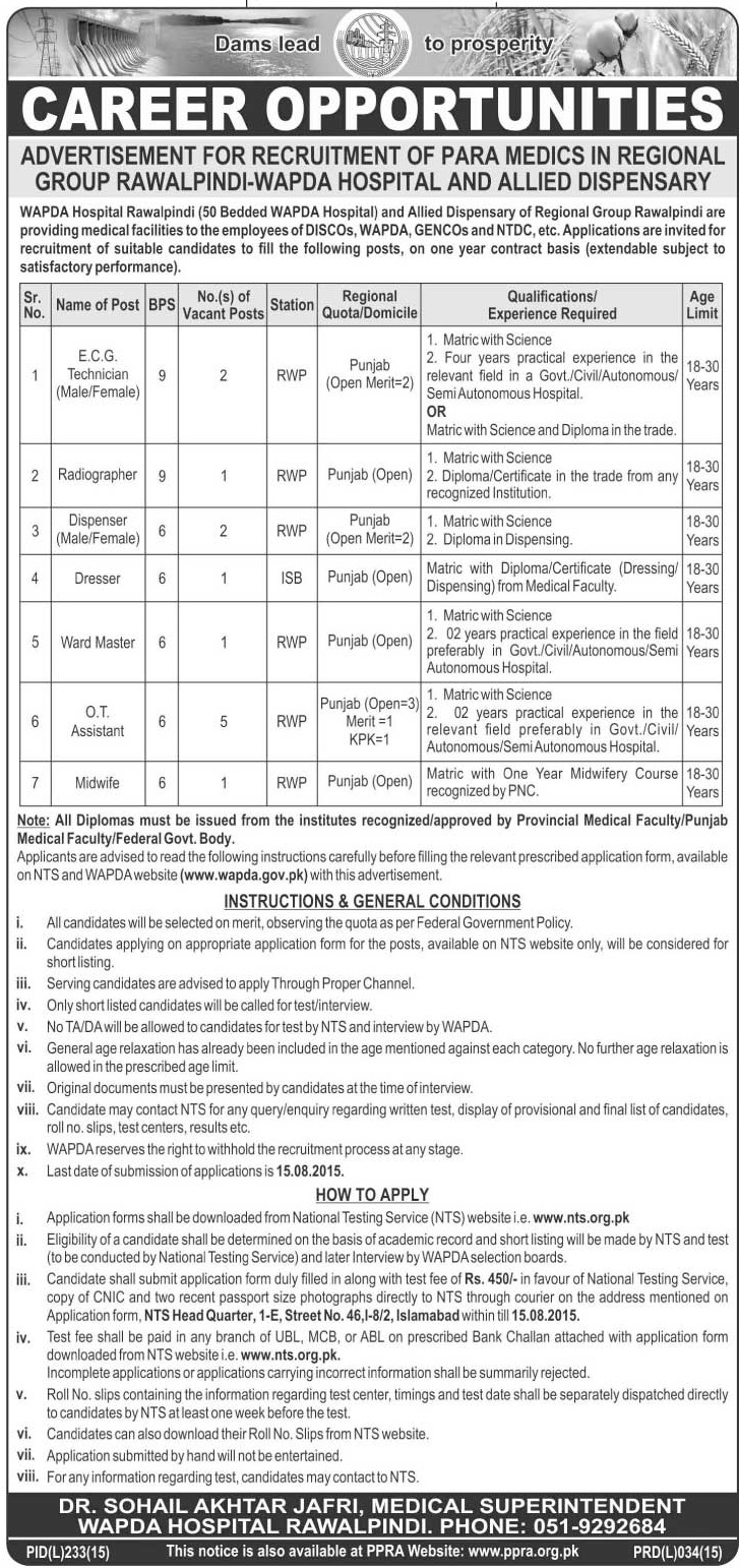 WAPDA Hospital Rawalpindi Paramedic Jobs 2024 NTS Advertisement Form Download