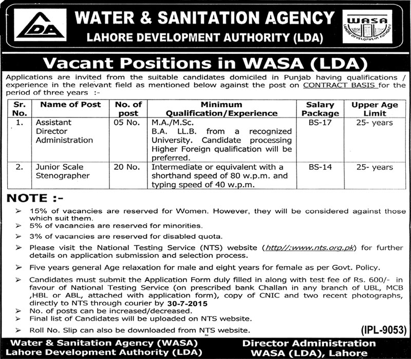 Water and Sanitation Agency LDA Lahore Jobs 2024 Advertisement Apply Application Form