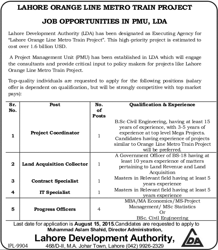 Lahore Orange line Metro Train Project LDA Jobs 2024 Advertisement