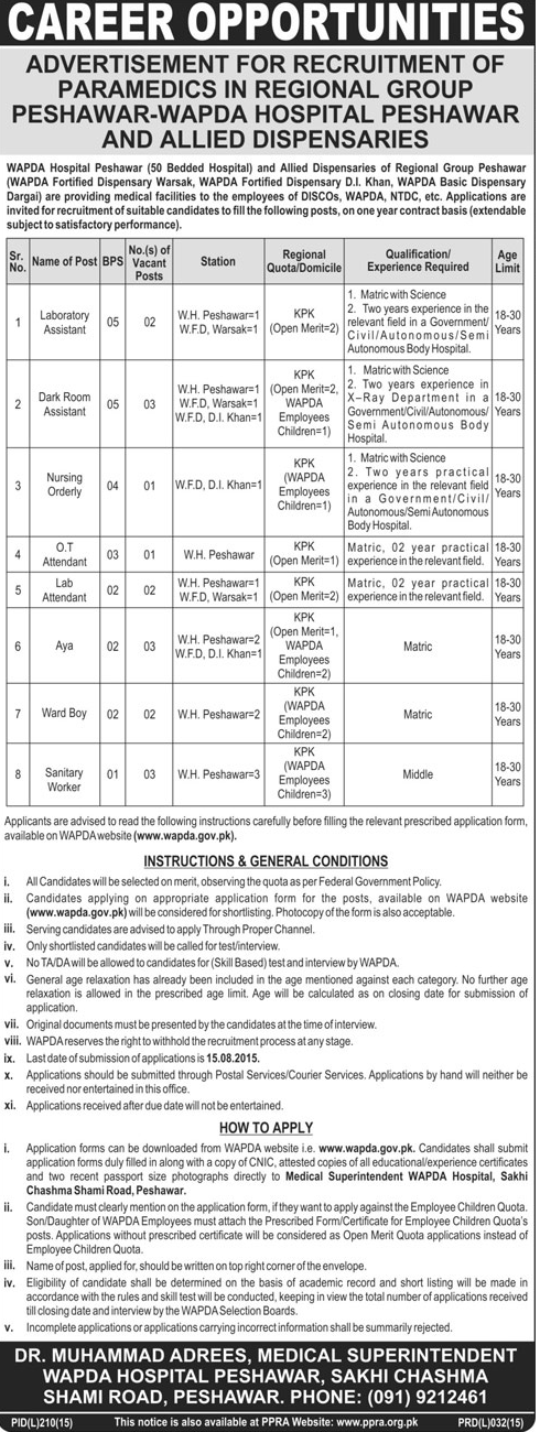 Wapda Hospital Peshawar Jobs 2024 Paramedical Staff July Advertisement Form Online