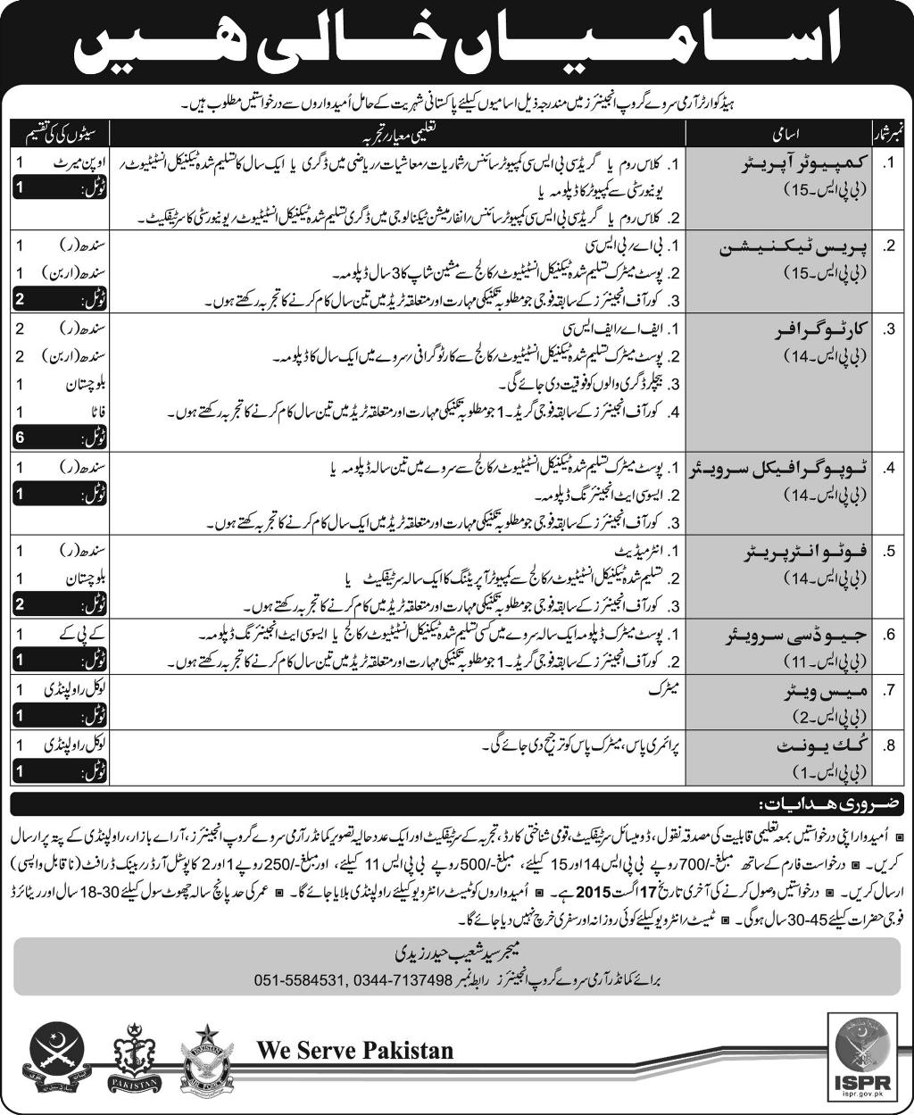 Headquarter Army Survey Group Engineers Jobs 2024 Advertisement Form