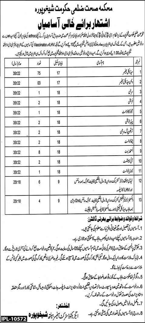 Health Department DHQ Hospital Sheikhupura Jobs 2024 Advertisement