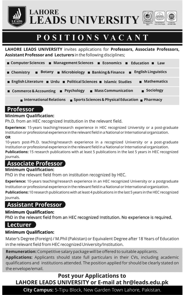 Lahore Lead University Jobs 2024 Professor Lecturer Position Advertisement