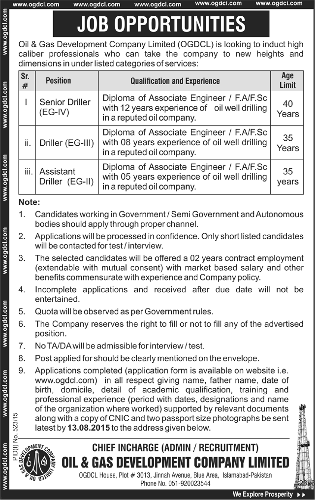 Oil And Gas OGDCL Driller Jobs 2024 Latest Advertisement Form