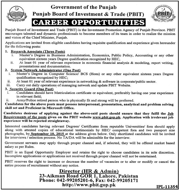 PBIT Jobs 2024 Punjab Board of Investment and Trade Vacancies Advertisement