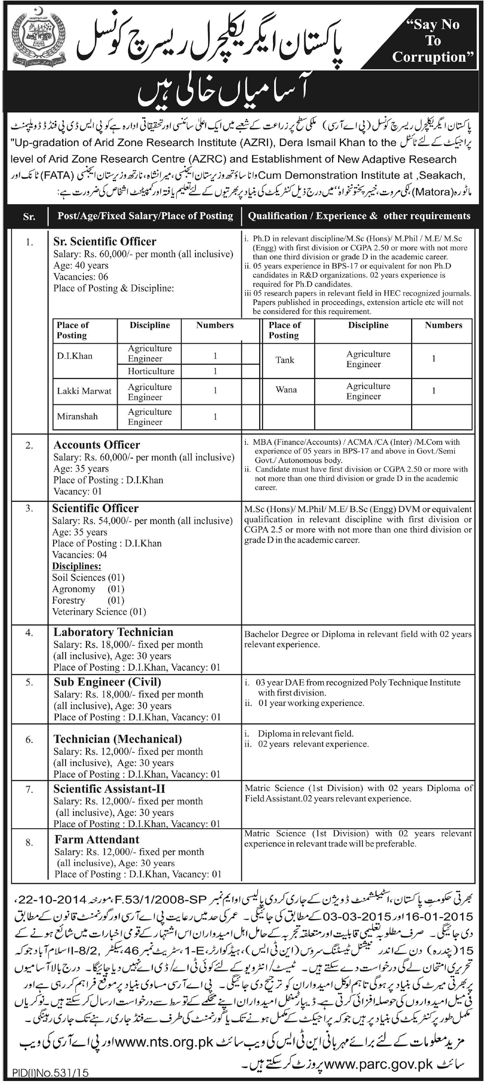 Pakistan Agriculture Research Council PARC NTS Jobs 2024 Form Advertisement