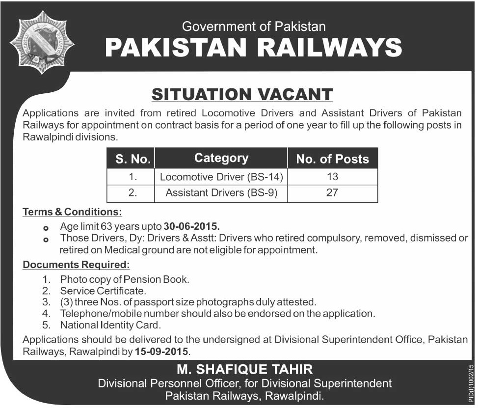 Pakistan Railways Rawalpindi Jobs 2024 Application Form Download Advertisement