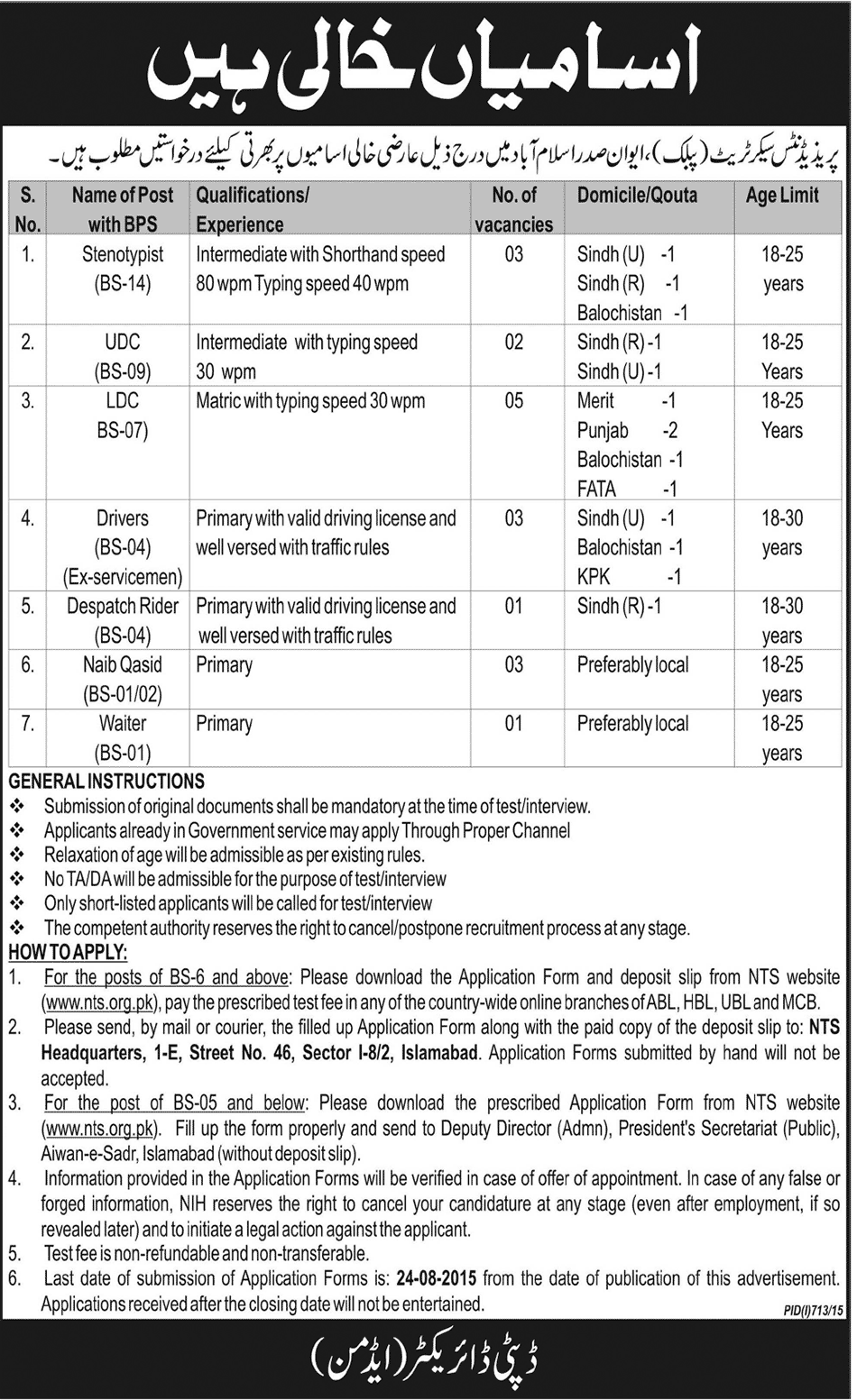 President Secretariat Aiwan-E-Sadr Jobs 2024 Advertisement NTS Application Form