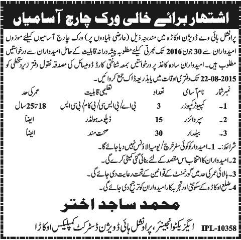 Provincial Highway Division Okara Jobs 2024 Supervisor Advertisement