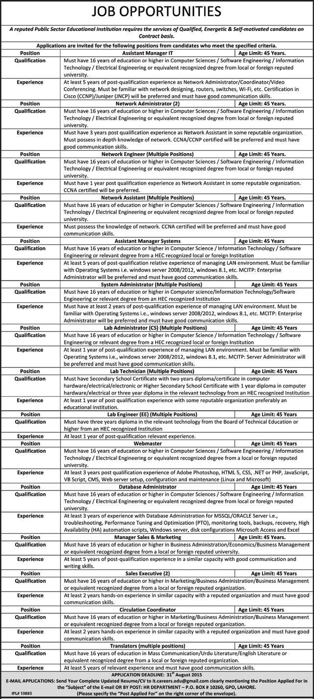 Public Sector Educational Institution Jobs in Lahore 2024 Advertisement