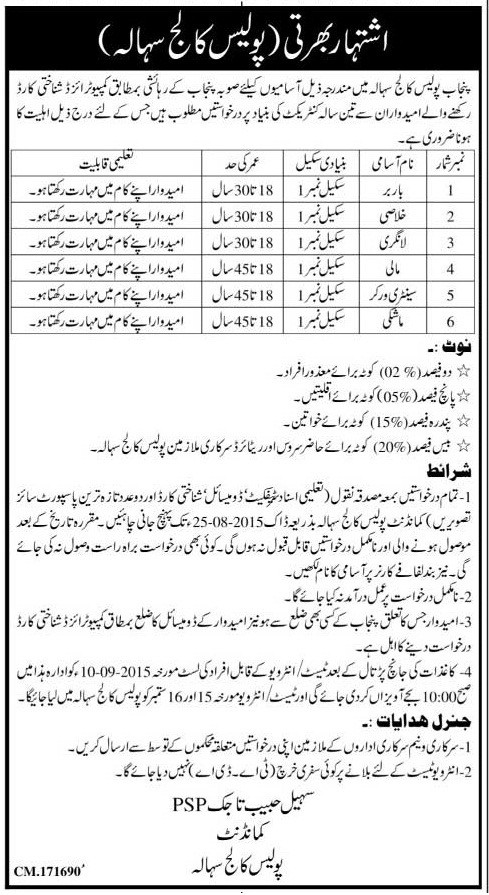 Punjab Police College Sihala Jobs 2024 Form Last Date Advertisement