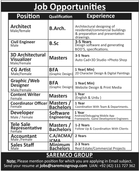 Saremco Group of Companies Jobs 2024 Latest Advertisement