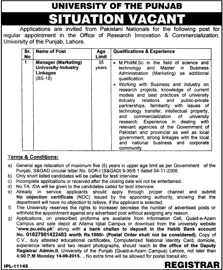 University of The Punjab Lahore 2024 Jobs Manager University Industry Linkages