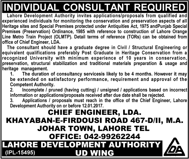 LDA Lahore Development Authority Jobs 2024 January Advertisement Consultant