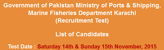 Marine Fisheries Department Karachi Jobs NTS Test Result 2024 14th, 15th November