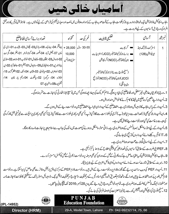 Punjab Education Foundation PEF Jobs 2024 December Application Form Advertisement