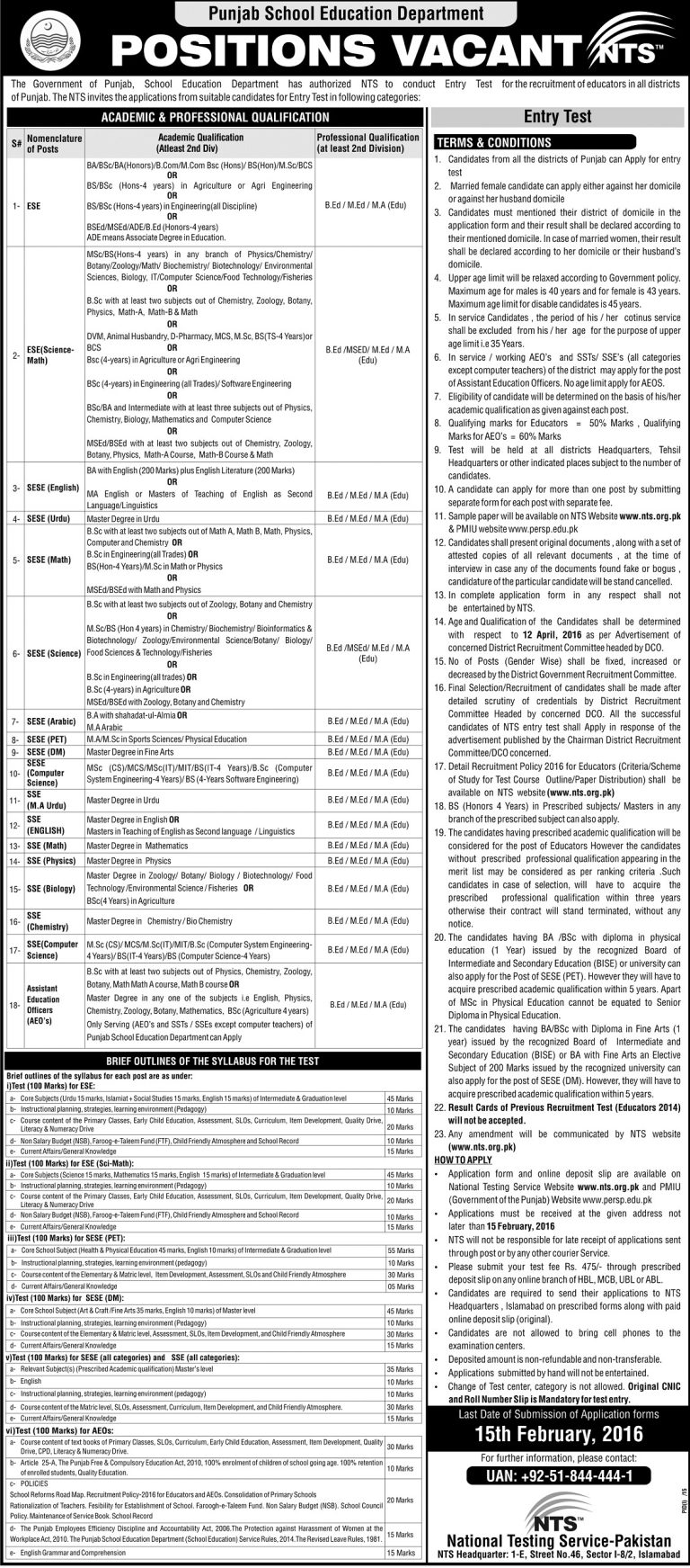 AEO Jobs 2024 In Punjab Education Department NTS Application Form