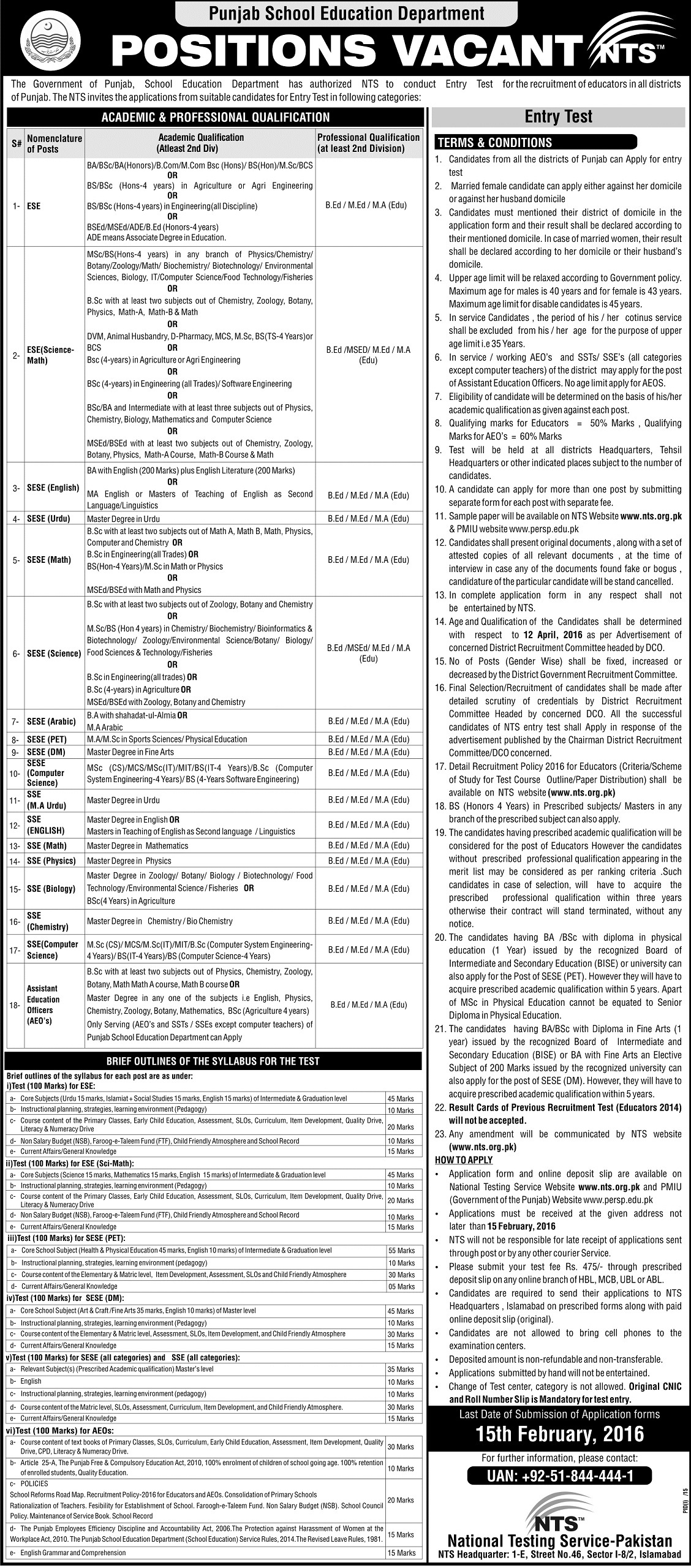 AEO Jobs 2024 In Punjab Education Department NTS Application Form