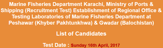 Ministry Of Ports & Shipping, Marine Fisheries Department Karachi NTS Test Result 2024 16th April