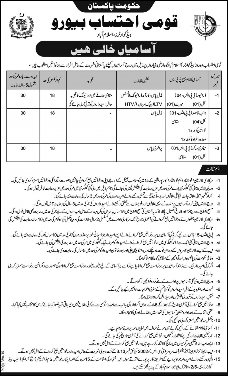 National Accountability Bureau Islamabad GOVT Jobs 2024 Naib Qasid, Driver, Sentry Worker Application Form Male/Female