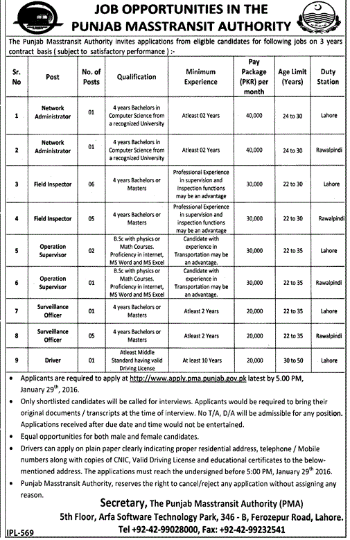 Punjab Masstransit Authority Lahore Jobs 2024 Apply Online apply.pma.punjab.gov.pk