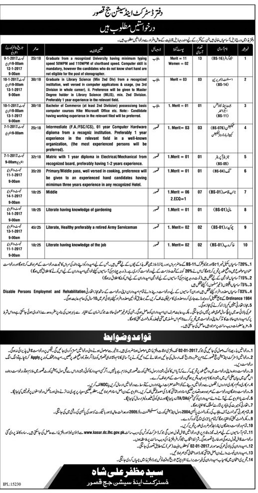 District And Session Court Kasur Jobs 2024 Stenographer, Librarian, Technician