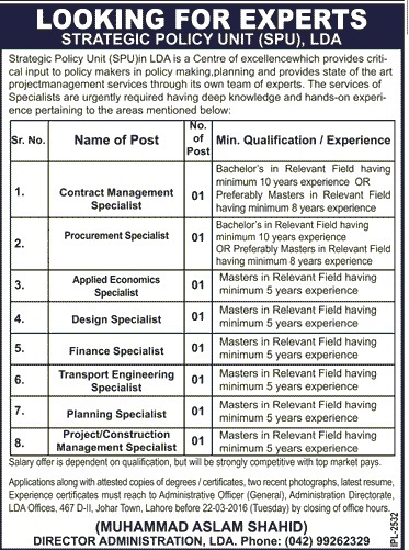 LDA Lahore Johar Town Office Jobs 2024 SPU Vacancies Application Form Last Date