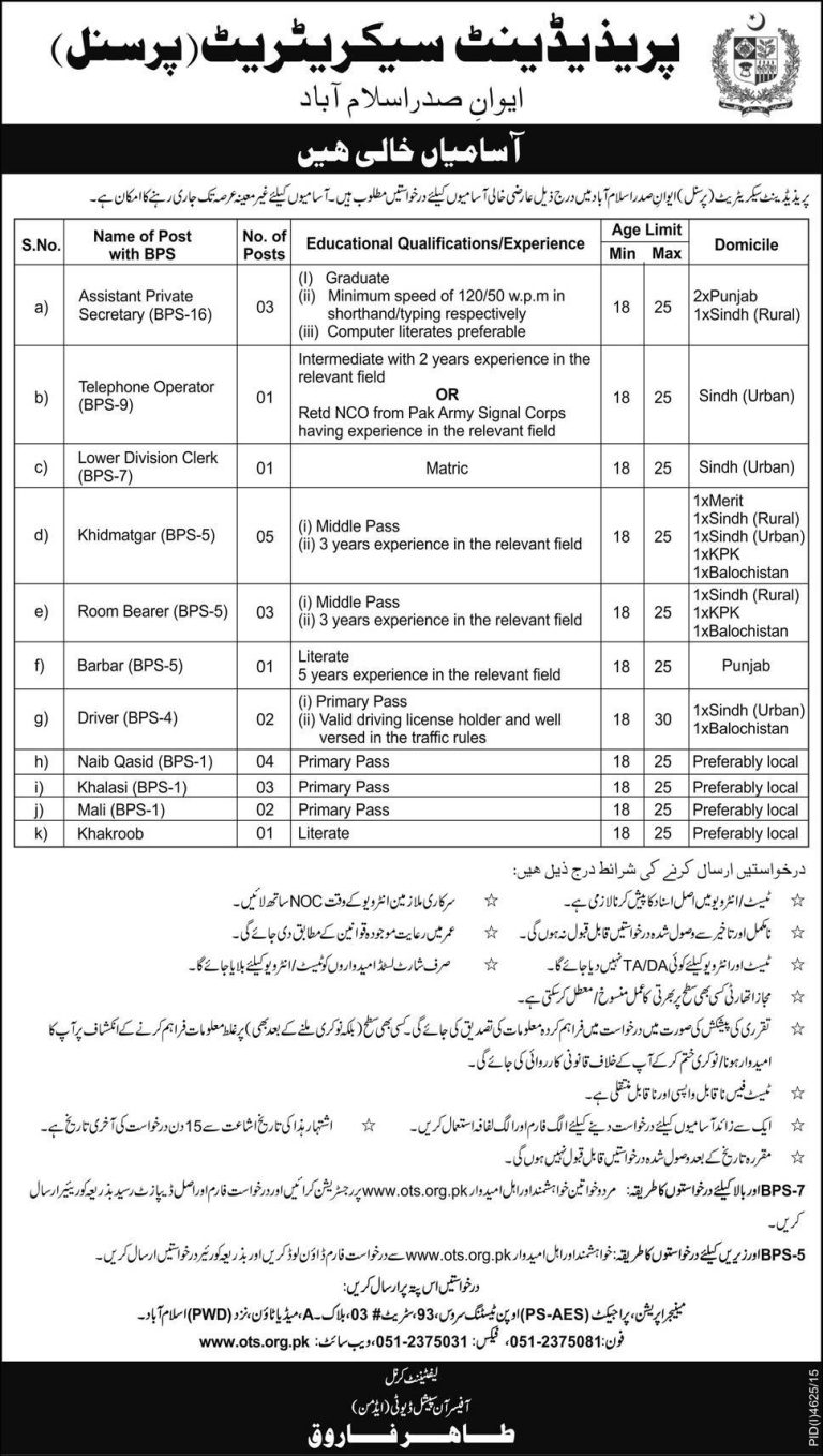 President Secretariat Islamabad Jobs 2024 Telephone Operator, Clerk, Naib Qasid Application Form