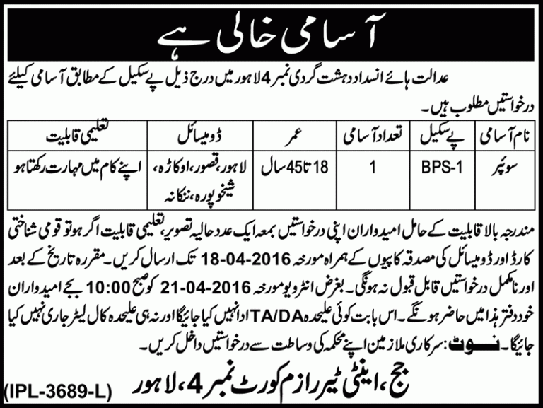 Anti Terrorism Court lahore jobs April 2024 Jang Advertisement Application Form