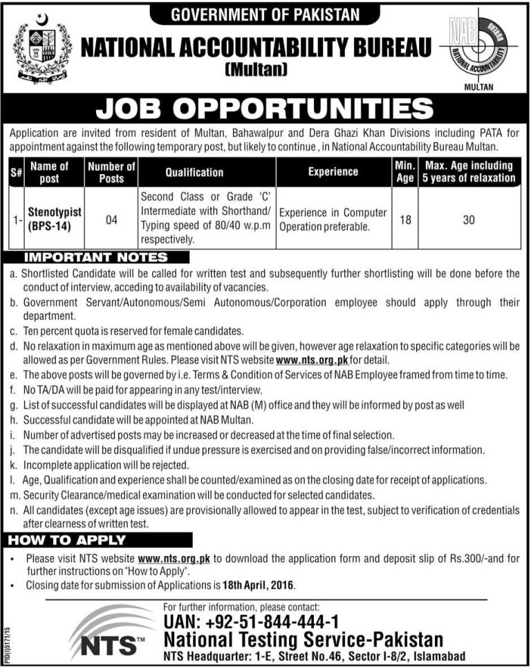 NAB NTS Jobs 2024 April Advertisement Application Form Stenotypist GOVT Vacancy