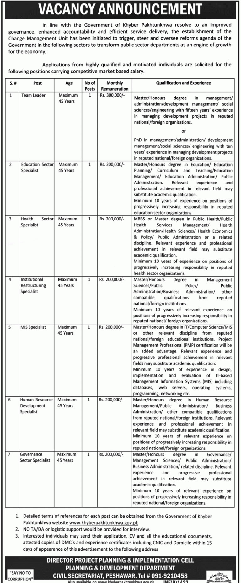 Planning and Development Department April GOVT Jobs 2024 Peshawar Application Form