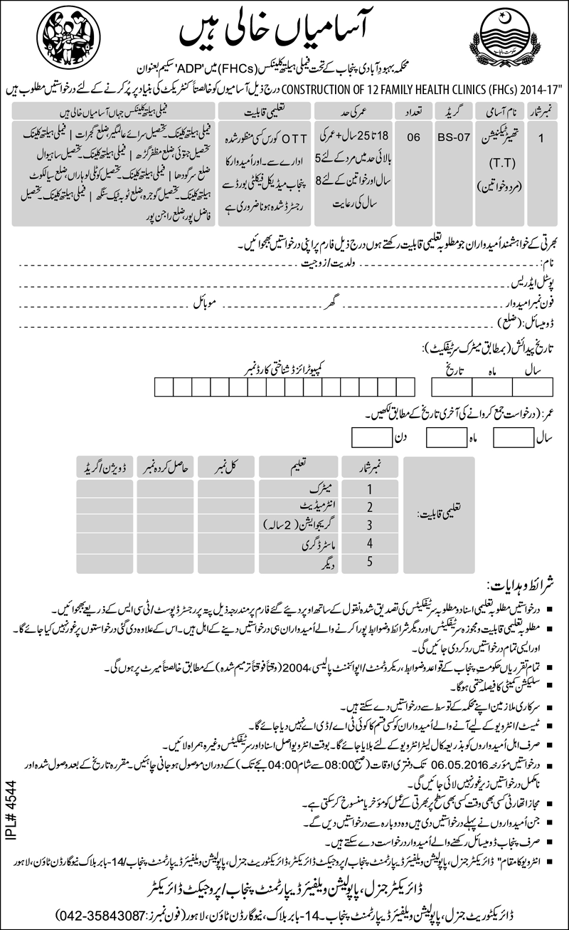 Population Welfare Department Punjab GOVT Technical Male/Female Jobs 2024 Application Form