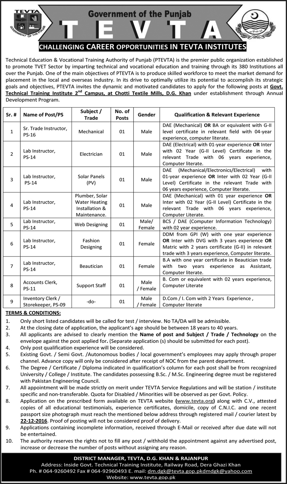 TEVTA Rawalpindi Clerk, Principal, Teacher Jobs Male/Female April 2024 Ads Application Form