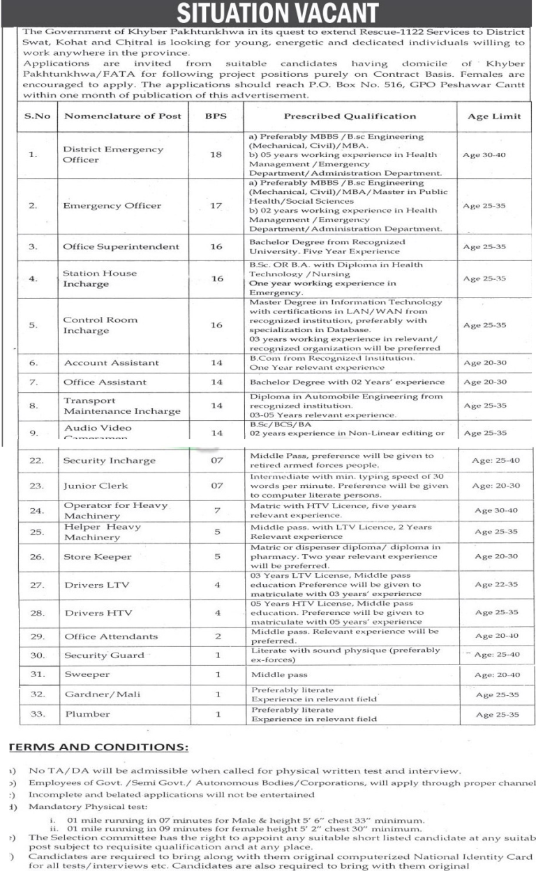 Rescue 1122 KPK Jobs April 2024 Drivers, Store Keeper, Officer Written Test Interview Form