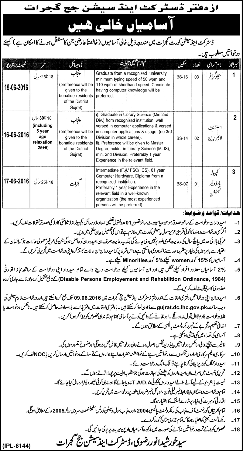 District And Session Court Gujrat Jobs 2024 Stenographer, Librarian Form