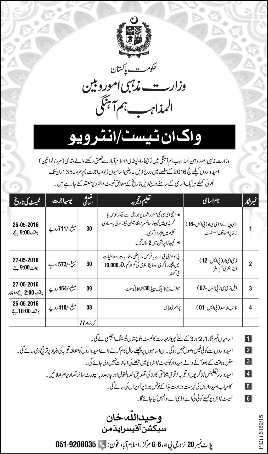 Government Jobs in Pakistan Ministry of Religious Affairs May 2024 Advertisement