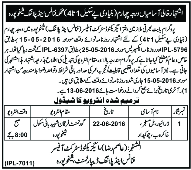 District Sheikhupura Today Government Jobs 2024 Ads Sunday Jang Newspaper