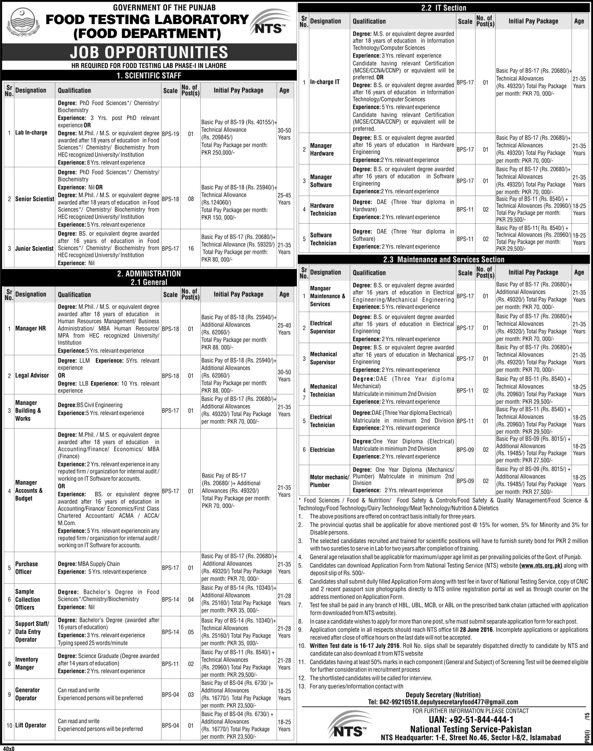 Food Testing Laboratory Jobs 2024 NTS Application Form June Advertisement