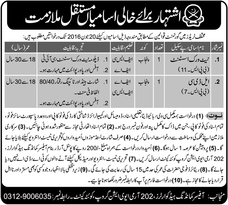 Pak Army Aviation jobs 2024 LDC, Network Assistant June Application Form