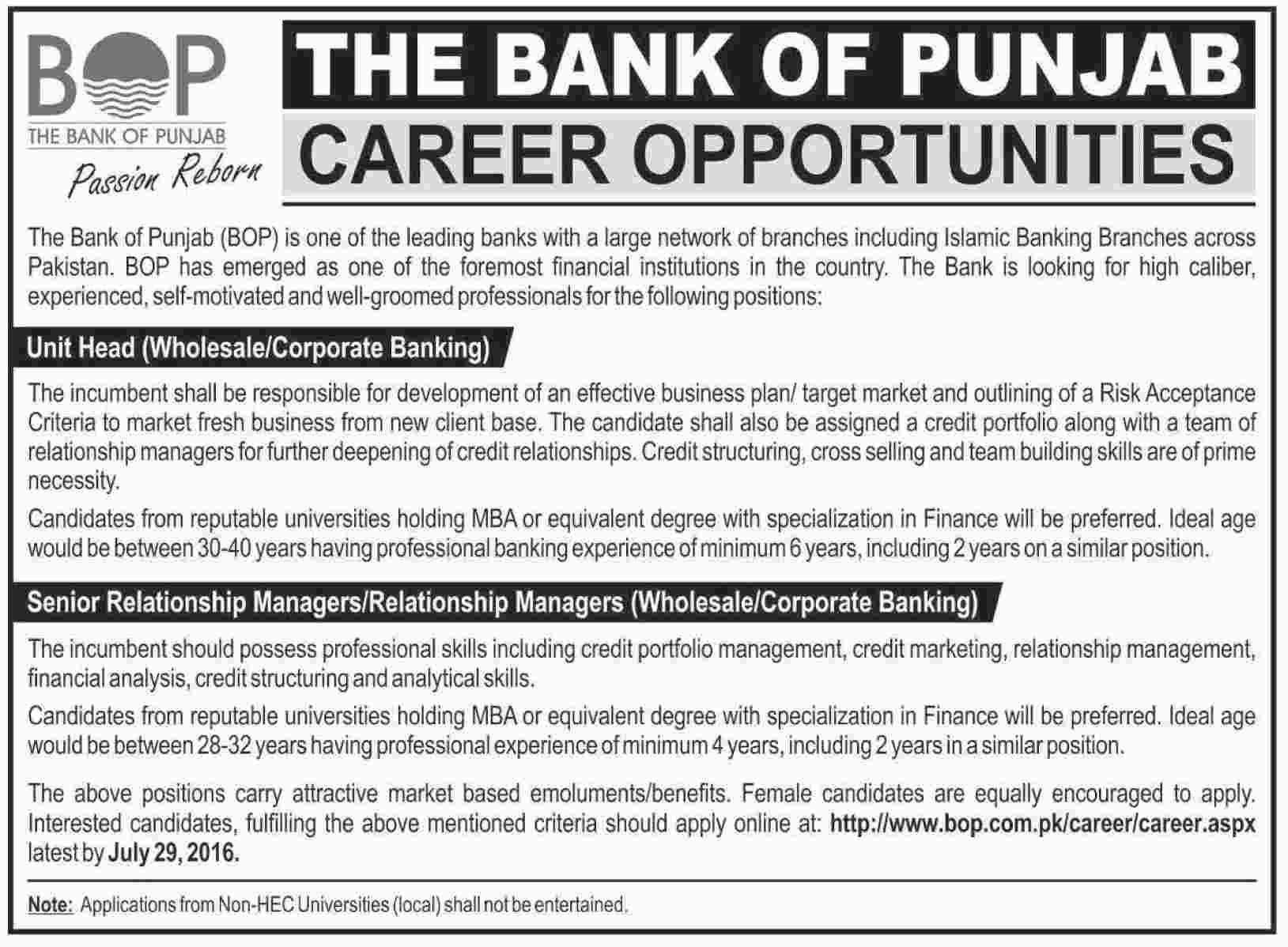 Bank Of Punjab Jobs 2024 BOP Unit Head, Relationship Manager July Form