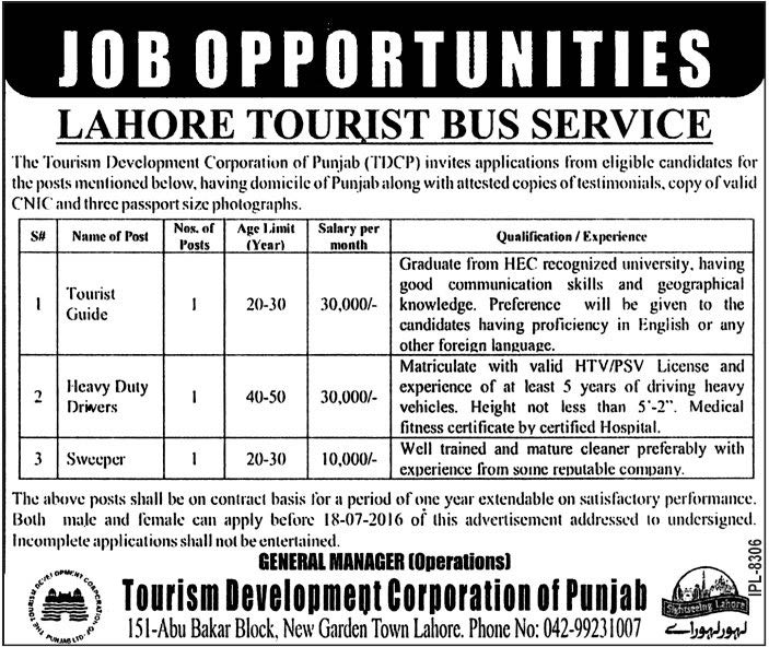 Lahore Tourist Bus Service Jobs 2024 Drive, Tourist Guide July Advertisement