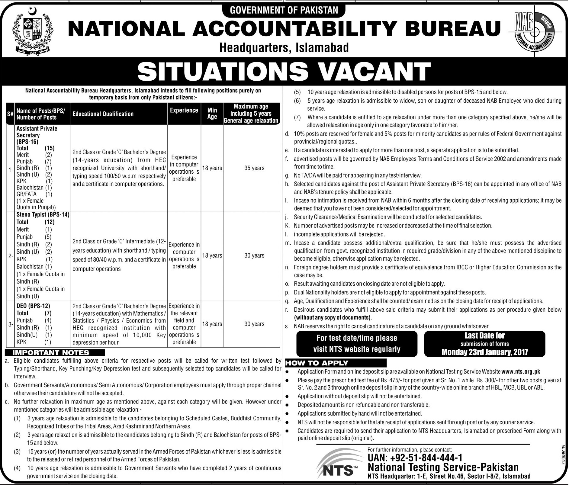 NAB Islamabad NTS Jobs 2024 Application Form Jang Sunday Advertisement